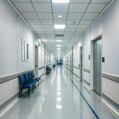 Interior of an empty hospital corridor with blue chairs and white wallsの素材