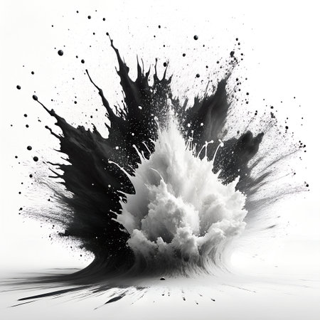 Explosion of black and white paint splashes isolated on white backgroundの素材