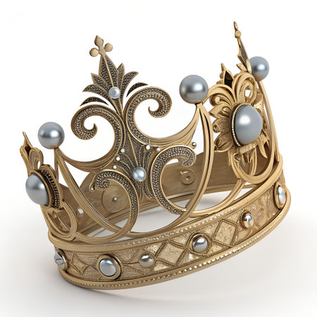 3d render of golden crown with pearls and gems on white backgroundの素材