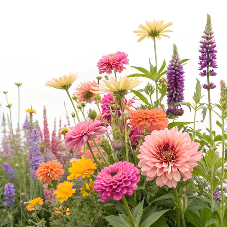 Colorful flowers in the garden on a white background, selective focusの素材