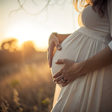 Pregnant woman in white dress in the field at sunset.の素材