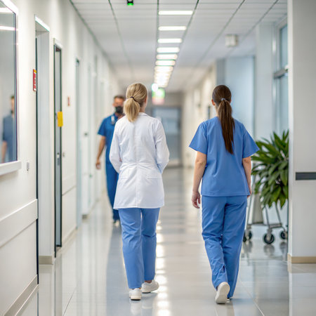 Rear view of two female doctors walking in corridor at hospital.の素材