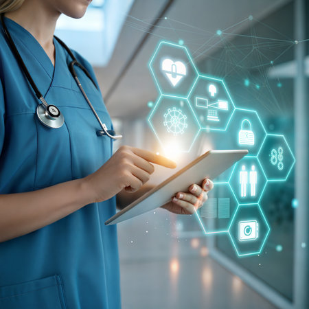 Medical Healthcare Concept - Doctor in hospital with digital medical icons graphic banner showing symbol of medicine, medical care people, emergency service network.の素材