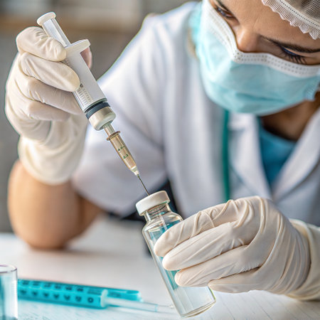 Female scientist in lab coat and gloves holding syringe with vaccine.の素材