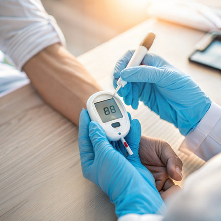 Close-up of glucometer in hands of doctor and patientの素材
