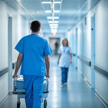 Rear view of male doctor and female nurse walking in corridor of hospitalの素材