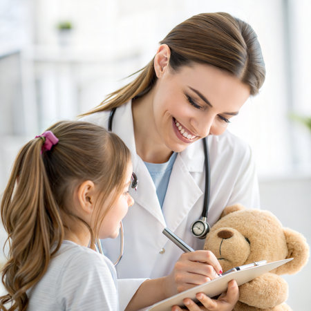 portrait of smiling female pediatrician with teddy bear and little girlの素材