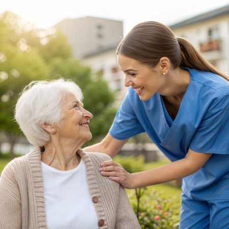 senior woman with caregiver at nursing home or in nursing homeの素材