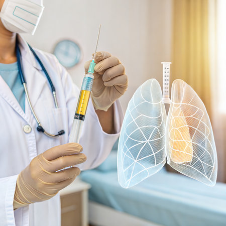 Doctor holding a syringe with the image of lungs on the backgroundの素材