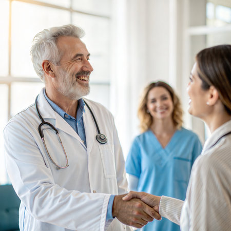 medicine, profession, people and health care concept - happy doctor and nurse shaking hands at hospitalの素材