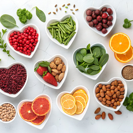 fruits, vegetables, legumes and nuts in heart shaped porcelain bowls over white marble background. Top view, flat layの素材