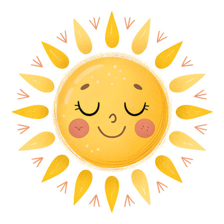 Cute cartoon sun with eyes closed. Vector illustration isolated on white background.の素材