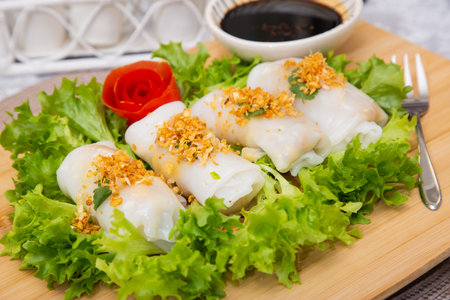 The image of spring rolls stuffed with vegetables as a snack or as a meal in every meal for a...