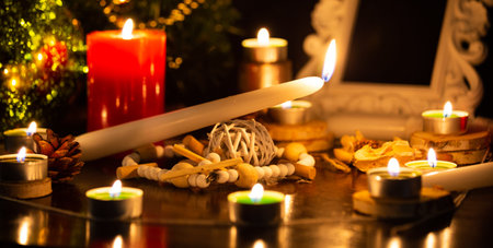 Images of candles and sacred wood to perform magic rituals and mysteries about superstition. Concept...