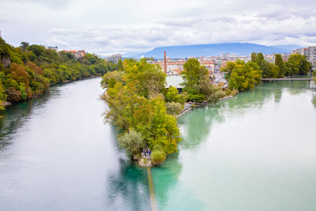 Aerial view fog of Leman lake in autumn leaves   - Geneva city in Switzerland,