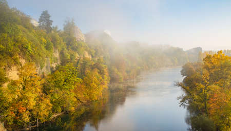 Aerial view fog of Leman lake in autumn leaves   - Geneva city in Switzerlandの写真素材