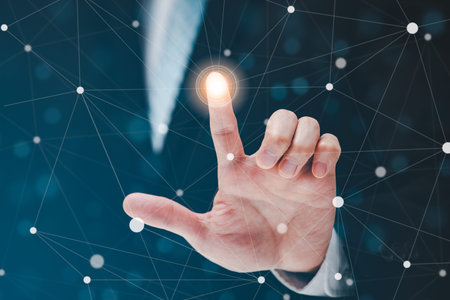 Businessman hold the light bulb in graph Screen Icon of media screen,Technology Process System...