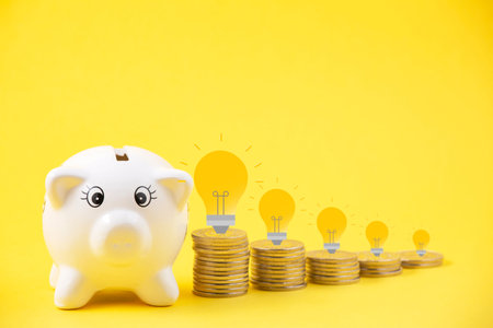 Happy Pink Piggy Bank  close-up and coins stack on yellow background, Saving ideas  and investment...