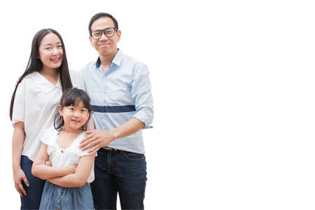 Happy family woman and a man with little child smiling and fun isolated over white backgroundの写真素材
