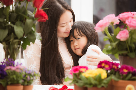 Woman with family Preparing to red and pink roses and beautiful flower arrangements in the home,...