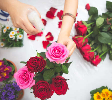 Woman Preparing to trim red and pink roses and beautiful flower arrangements in the home, flower arrangements with vase for gift-giving for Valentine's Day and Business in the family on the on tableの写真素材