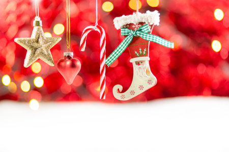 Merry Christmas holiday with star and red hearts , toy socks, Merry Christmas and happy New Year and...