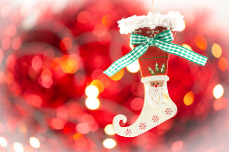 Merry Christmas holiday with star and red hearts , toy socks, Merry Christmas and happy New Year and...