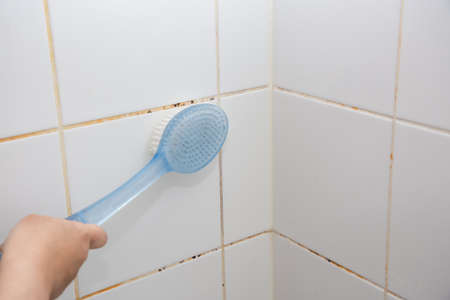 Mold or fungus of the wall in the Shower room causing black or brown mold in the bathroom or toilet room caused by the hot water and accumulation of bacteria.の写真素材