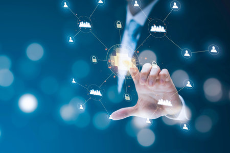 Businessman Touching in graph Screen Icon of a media screen, Technology Process System Business...