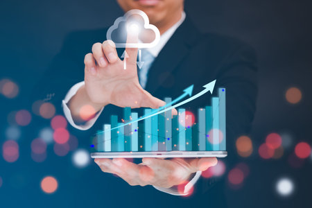 Businessman Touching in graph Screen Icon of a media screen, Technology Process System Business...