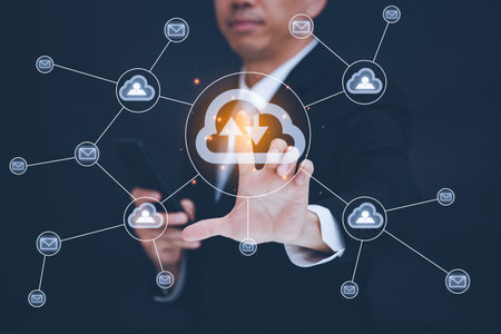 Businessman Touching in graph Screen Icon of a media screen, Technology Process System Business...