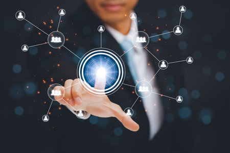 Businessman Touching in graph Screen Icon of a media screen, Technology Process System Business...