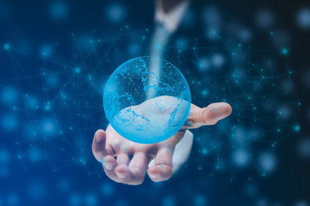 Businessman touch the earth connect with icon cloud computing network of a media screen, Technology...