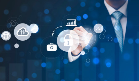 Businessman Touching line control in graph Screen Icon of a media screen, idea Technology Process System Business concept.の写真素材