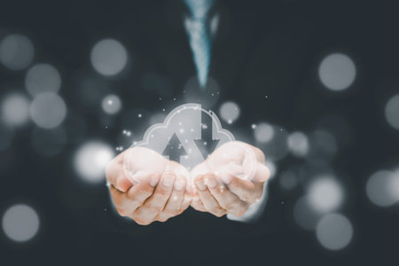 Businessman touch the earth connect with icon cloud computing network of a media screen, Technology...