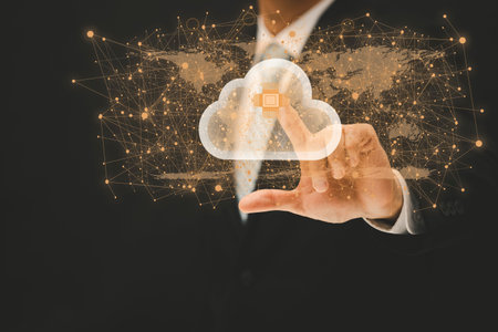 Businessman press cloud icon network and line control in graph Screen Icon of a media screen, Cloud...