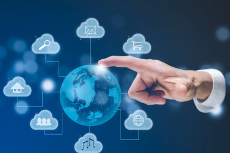 Businessman touch the earth connect with icon cloud computing network of a media screen, Technology...