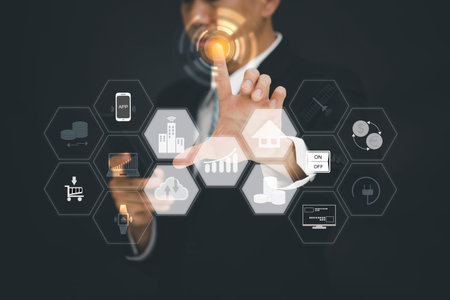 Photo Businessman touchscreen on the graph Screen Icon of a media screen, Technology Process System...