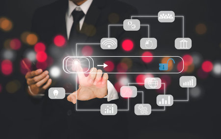 Businessman touchscreen on the graph Screen Icon of a media screen, Technology Process System...