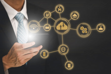 Businessman touch mobile open line graph Screen Icon of a media screen on the black background...