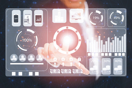 Photo Businessman touchscreen on the graph Screen Icon of a media screen, Technology Process System...