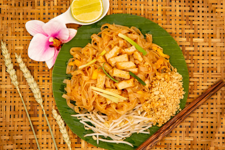 Pad Thai is Thai food Noodle and tofu mixed with tamarind sauce and bean sprouts and spring onion in...