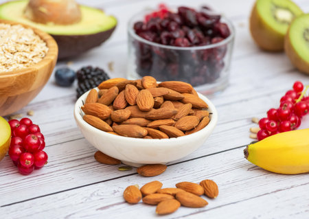 Group Fruits Breakfast with bread Whole grains and nuts, yogurt mix with Cherry , banana, avocado in...