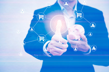 Businessman Touching in graph Screen Icon of a media screen, Technology Process System Business...