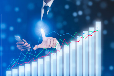 Businessman touch line arrow on the graph chart of stock market ,Technology Process System Business...