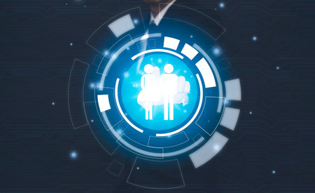 Businessman touch line arrow on the graph chart of stock market ,Technology Process System Business...