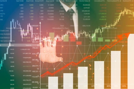Businessman touch line arrow on the graph chart of stock market ,Technology Process System Business...