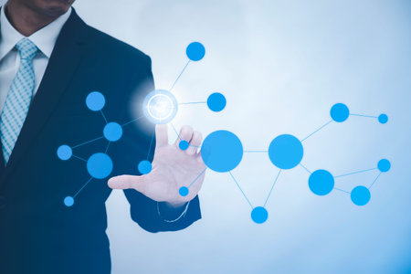 Double exposure of businessman touch line arrow on the graph coins stock market ,Technology Process...