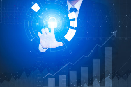 Businessman touchscreen  number 2021 year in the graph on the Fireworks background ,Business idea...