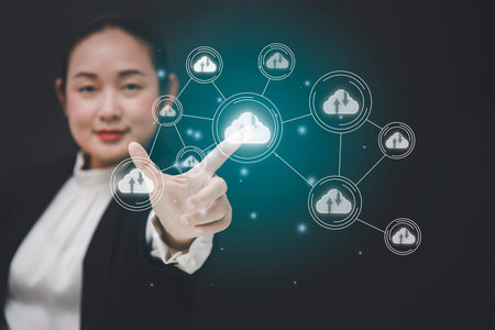 Business Asian woman touching connect to data information on the cloud icon computing network.,...